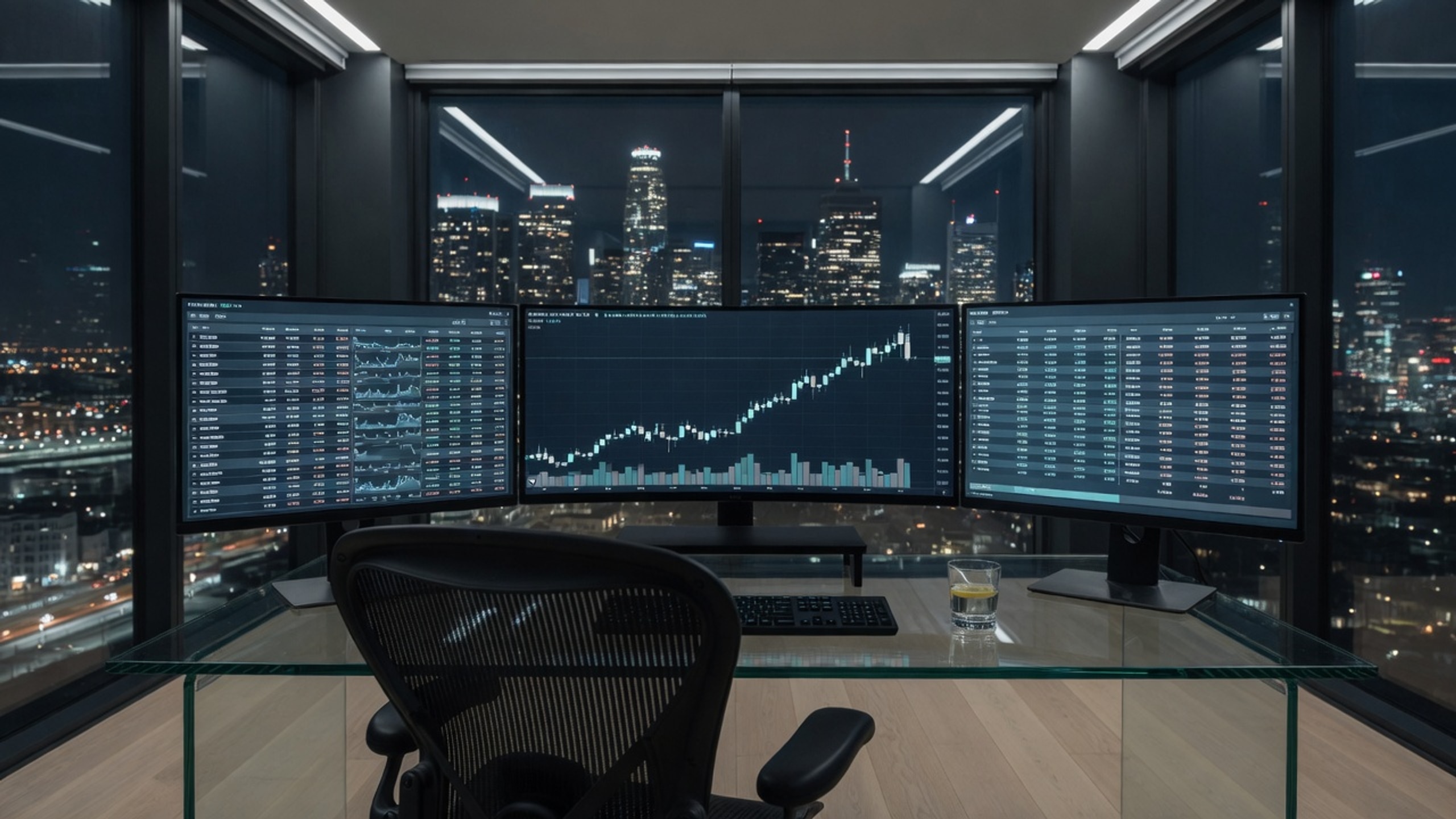 Trading desk with rising green equity curves