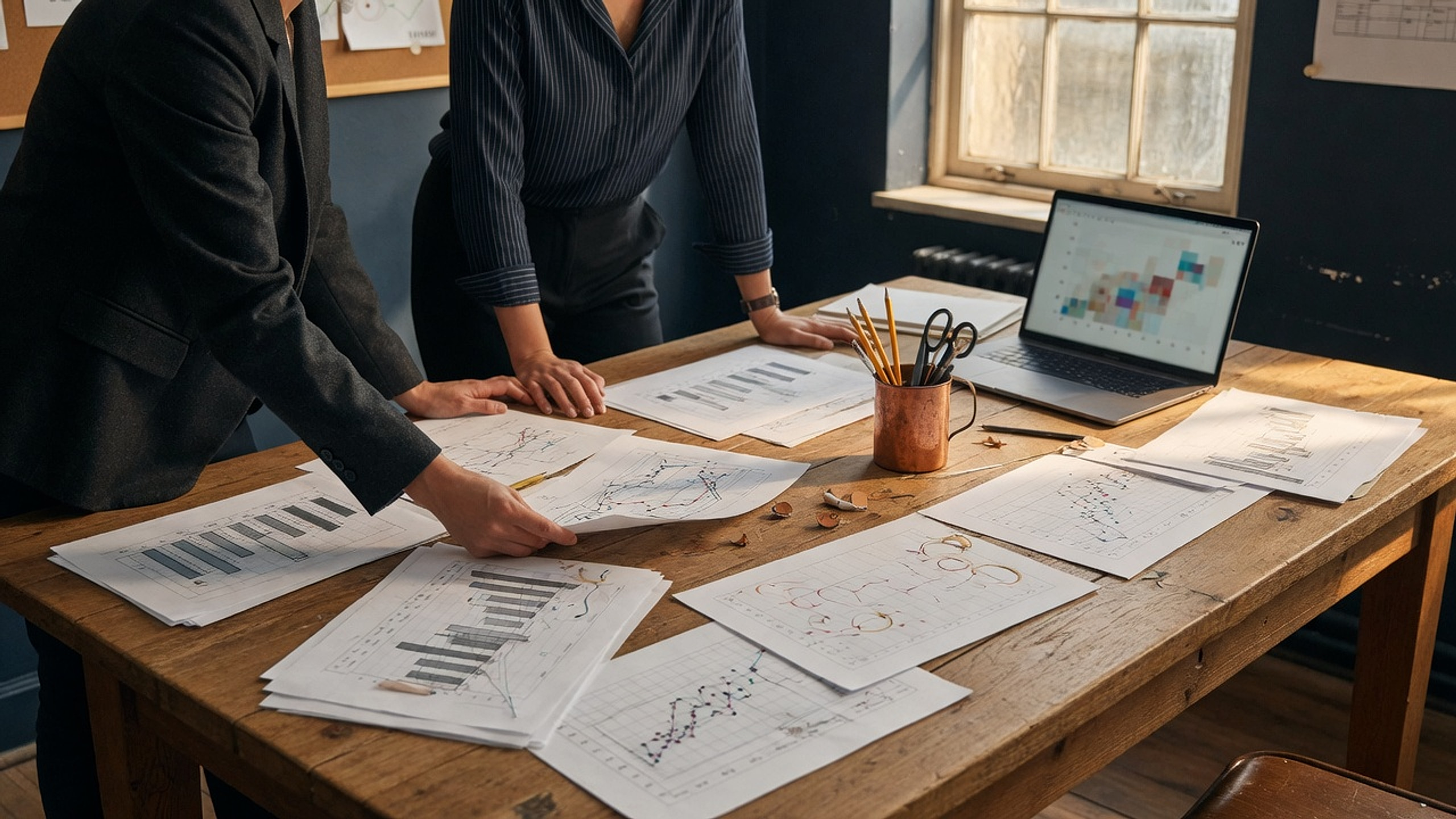 Researchers reviewing printed walk-forward charts